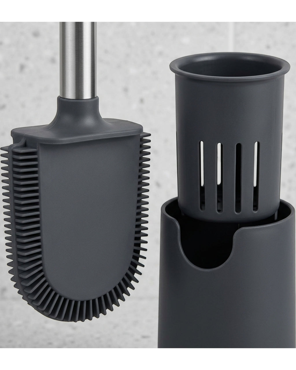 Zelfy Flat Silicone Toilet Brush with Vented Holder 42 cm Charcoal - Detail view