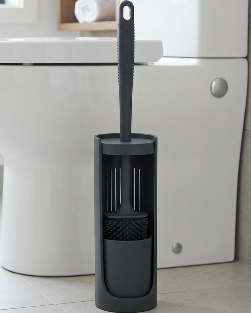 Zelfy Flat Silicone Toilet Brush with Vented Holder 42 cm Charcoal - Lifestyle view