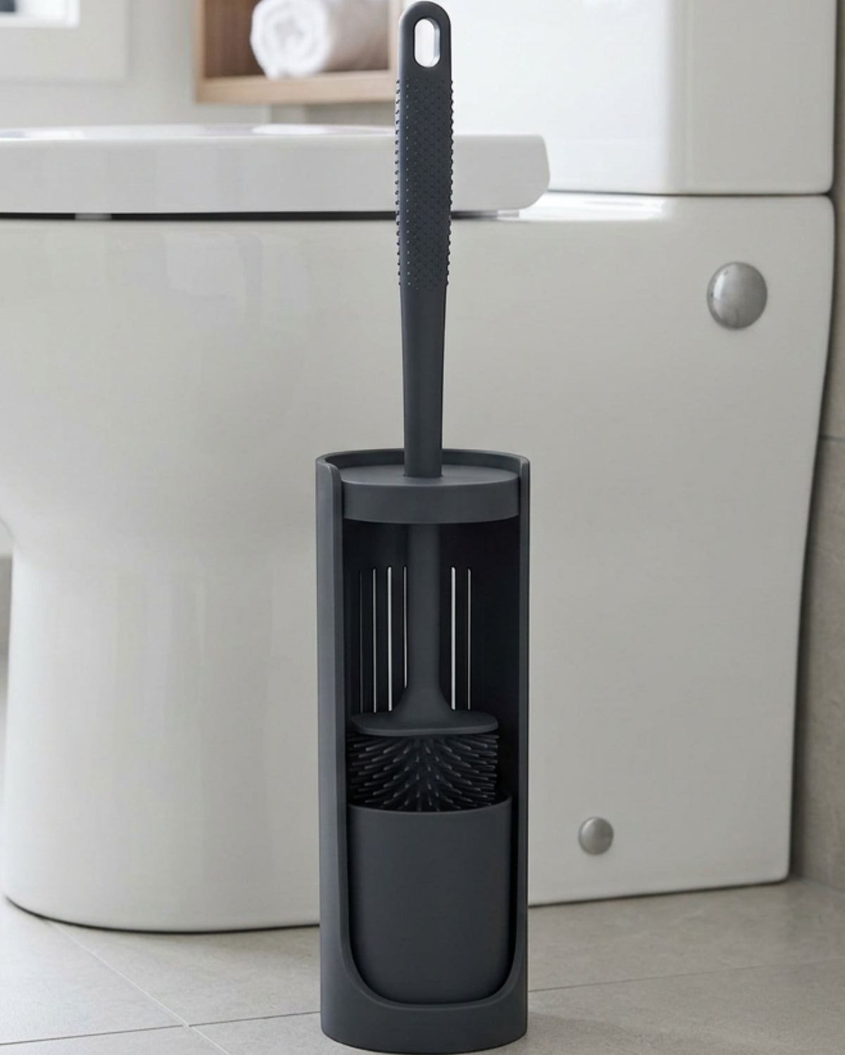 Zelfy Flat Silicone Toilet Brush with Vented Holder 42 cm Charcoal - Lifestyle view